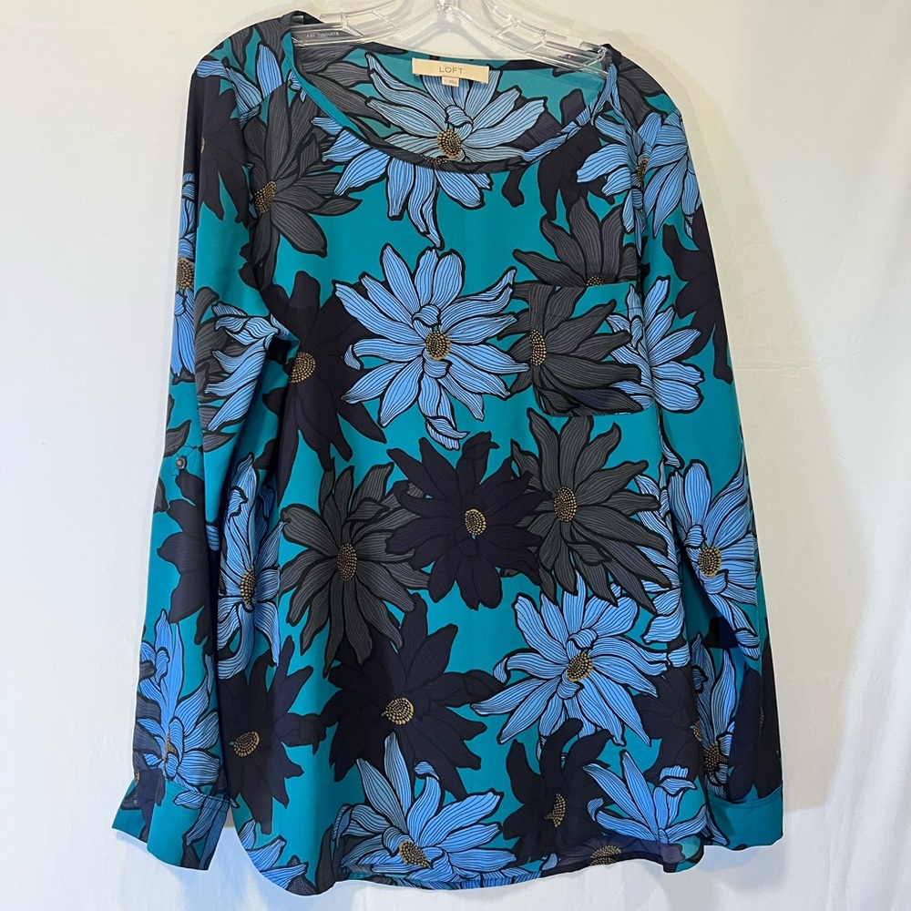 Loft Womens Blouse Long Sleeve Floral Print Teal Blue Large Boho